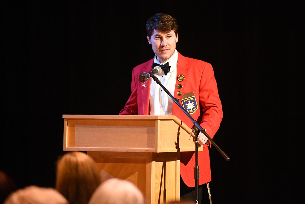 Whitefish Winter Carnival Prime Minister Marcus Duffey gives his opening remarks at the Whitefish Chamber's annual awards banquet last Thursday. (Daniel McKay/Whitefish Pilot)