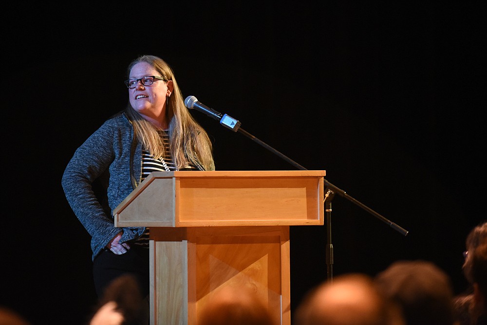 Kitty Simpson accepts the award for Volunteer of the Year at the Whitefish Chamber's annual awards banquet last Thursday. (Daniel McKay/Whitefish Pilot)