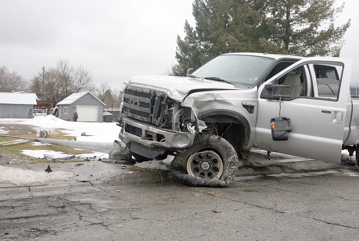 The Ford F-350 that took out the light pole Wednesday afternoon. (Paul Sievers/The Western News)
