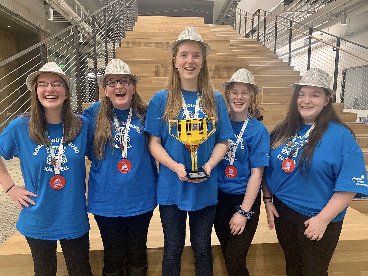 The Kalispell RoboScouts won the Montana State FIRST Lego League competition earlier this month, qualifying them to compete at the FIRST Championship and World Festival in April. The team includes Girl Scout Troop 3709 members Kennedy Dortch, Lexi Nunnally, Katie Eberhardy, Zia Walker and Jessie Chadwick. (Photos courtesy of Krista Nunnally)