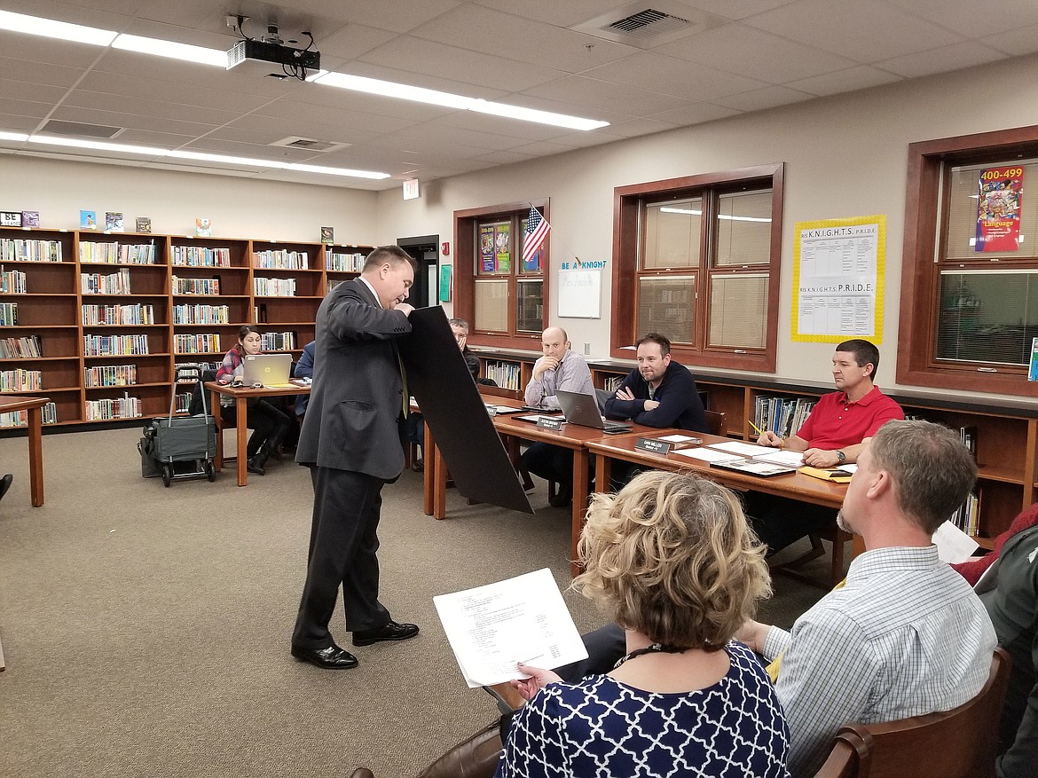 Rachal Pinkerton/Sun Tribune
Royal High School Principal Rick Follett shows the members of the Royal School Board drawings of the renovations to be done to the gym of the high school.