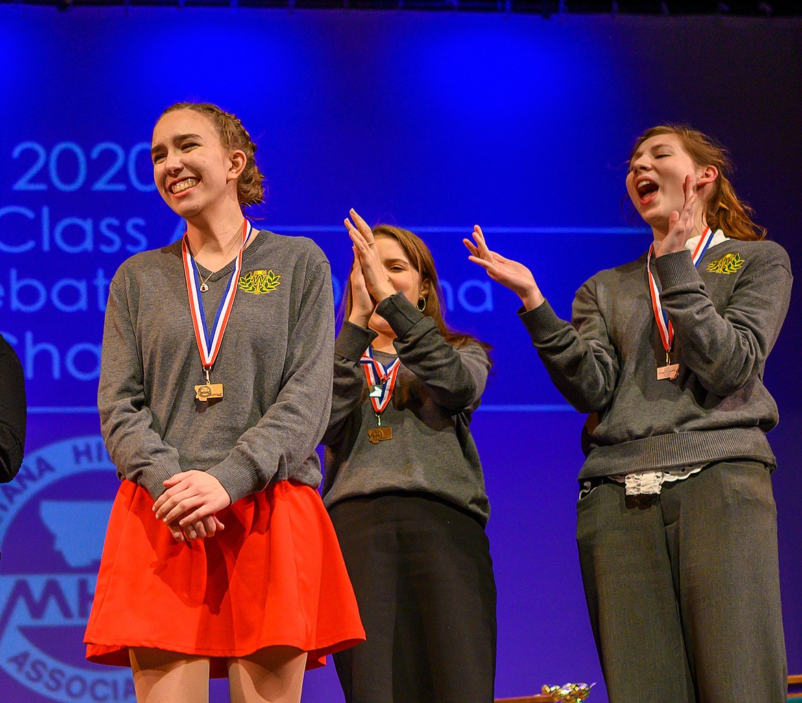 Competitors from Whitefish&#146;s speech and debate team swept the informative speaking event at the Class A state speech meet Saturday at Whitefish. Bethany Barnes, left, earned the championship, runner-up was Gabby Pickert, middle, and third place went to Eden Scrafford, right. (Chris Peterson/Hungry Horse News)