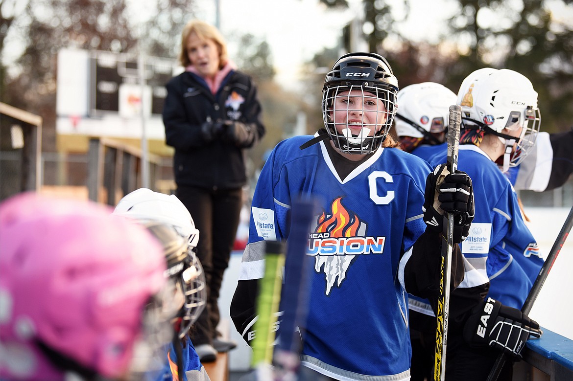 Team captain Charlotte &#147;Charley&#148; Wallace (74) gives a pep talk to her team during an intermission against the Lethbridge Cyclones during the 14U Girls Winter Classic 2020 at the Woodland Ice Center.