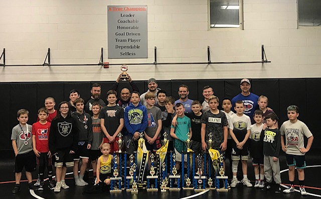 Courtesy photo
Team Real Life members helped make up a group of over 600 wrestlers at the 2020 USA Idaho Folkstyle State Championships held Feb. 7-8 at Meridian High School. Team Real Life finished third out of 54 teams. Kneeling in front is Brody Arnett, 1st; first row from left, Wesley Fisher, 5th and 2nd True Beginner; Tristan Mendenhall, 2nd; Brooklyn Anderson, 2nd Girls; Reese Crawford, 1st True Beginner; Ryker Allen; Tyson Barnhart, 3rd; Byson Huber, 1st; Trey Smith, 5th; Diesel Thompson, 4th; Duane Leslie, 1st; Sawyer Sage, 1st; Rider Seguine, 3rd; Damion Hamilton, 1st; AJ Spain; Judah Brazel; Jaxon Brazel, 2nd; Ramon Brown, 2nd and Matthew Hamilton, 2nd; and back row from left, Briley Arnett; Seth Martin, 4th; coach Jim Brown; head coach Abel De La Rosa; coach Mike Schultze; coach Norman Leslie; Kendall Sage, 6th; coach Brian Huber and Shelby Johnson, 2nd Girls and 2nd True Beginners.