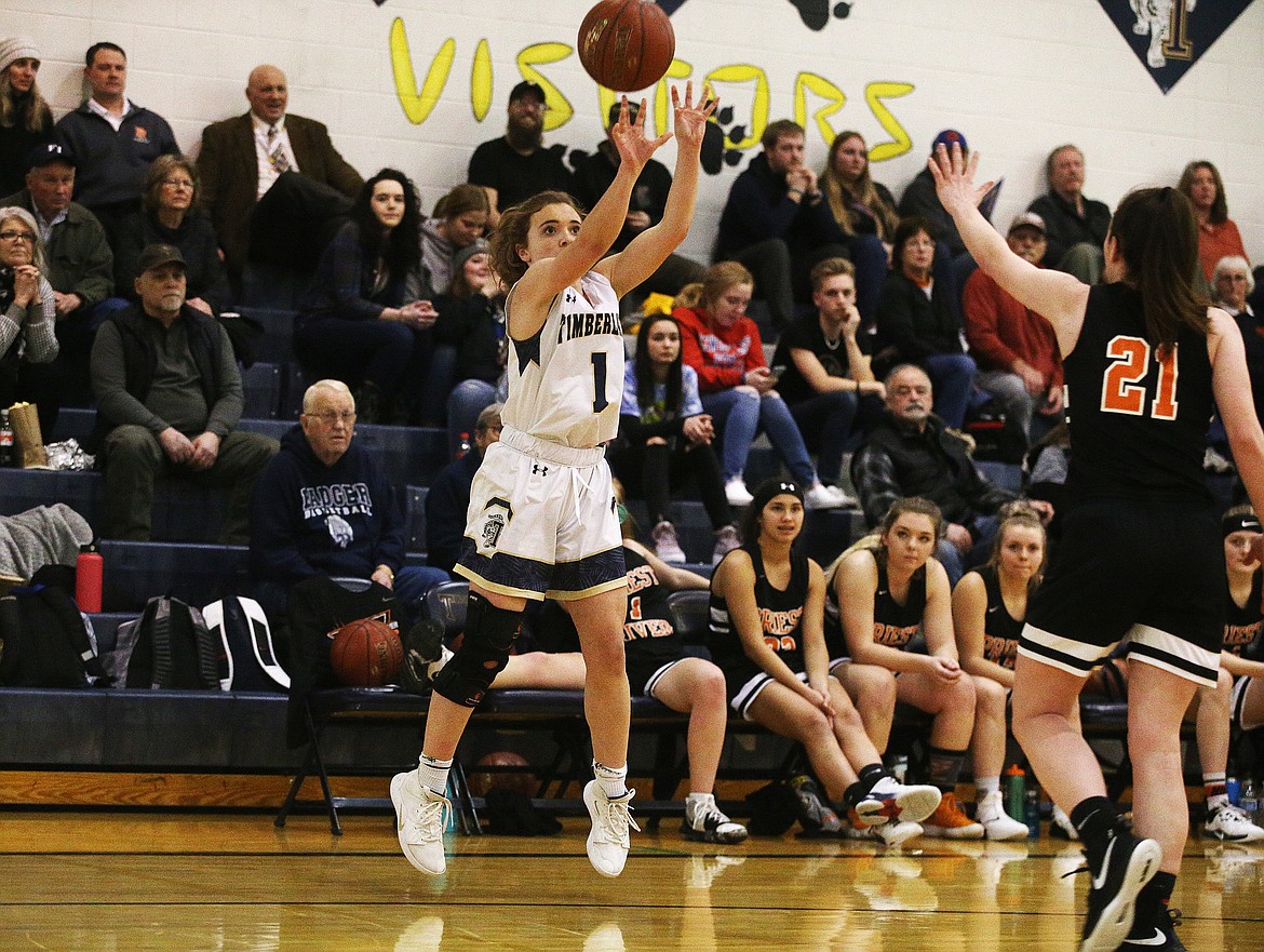 Timberlake&#146;s Taryn Soumas shoots a 3-pointer during Monday&#146;s 3A District 1 tournament game against Priest River.