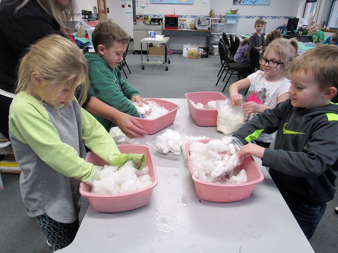 (Courtesy photo)
Idaho Hill Elementary first graders conduct an experiment on animal cold adaptation at a recent STEaM event at the school. The students used shortening as blubber and cotton balls as insulators as they conducted an experiment on how penguins keep warm in the cold.