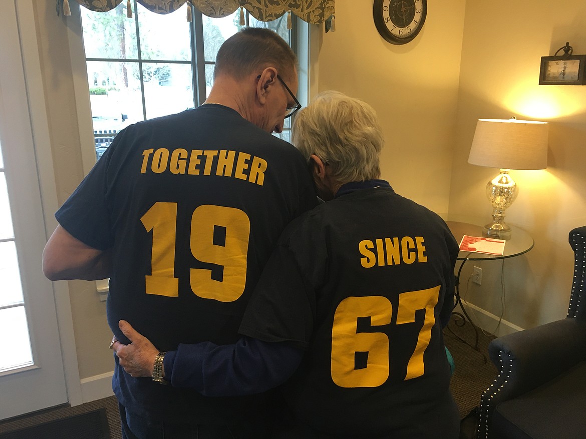 Greg and Jane Nelson have been married 52 years, with their anniversary on May 27. Friday, they wore matching dark blue shirts, with his saying &#147;Together&#148; and &#147;19&#148; on the back and hers saying, &#147;Since&#148; and &#147;67.&#148;

BILL BULEY/Press