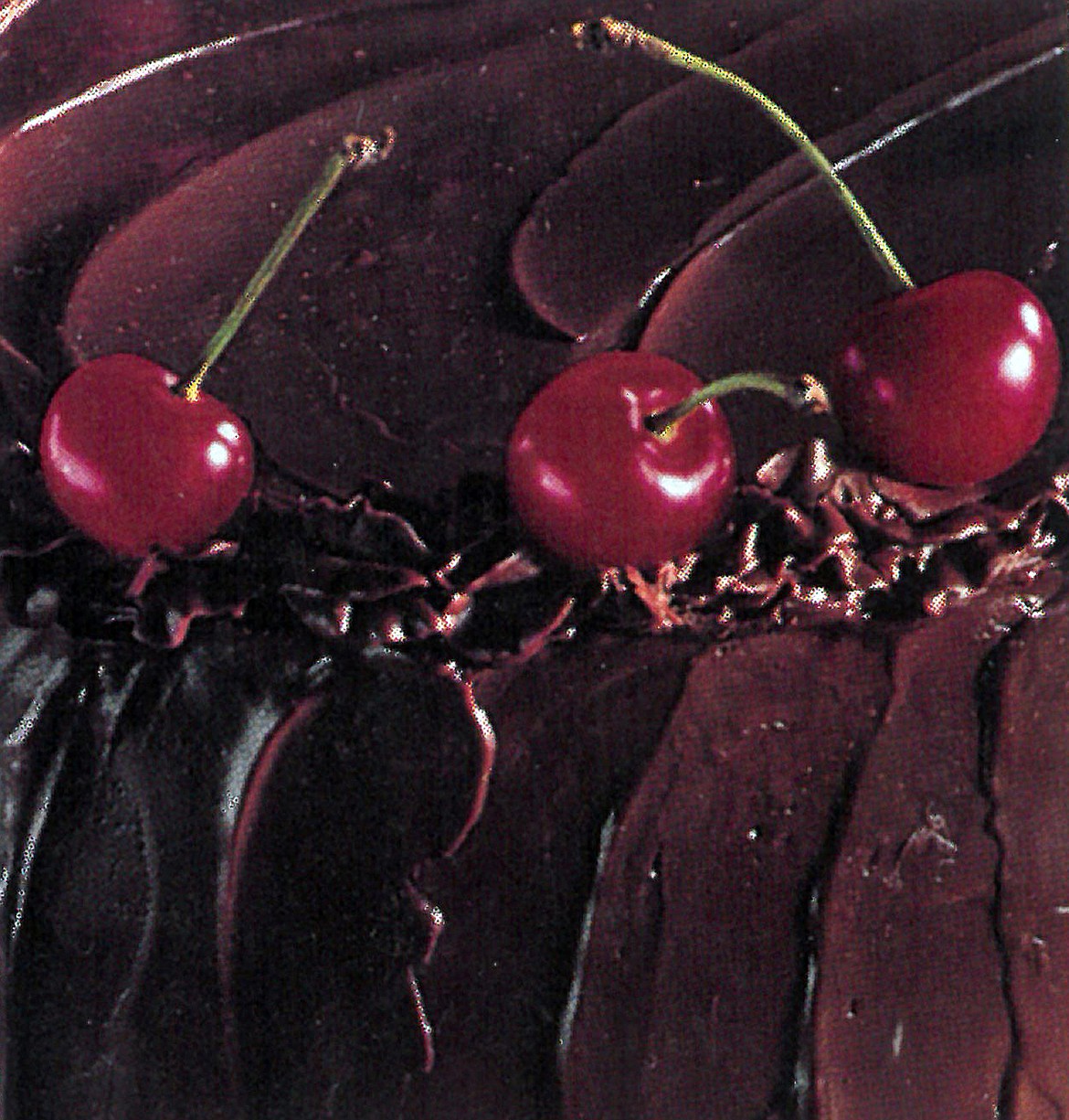 A closeup view of  the delicious Chocolate Cherry Layer Cake.