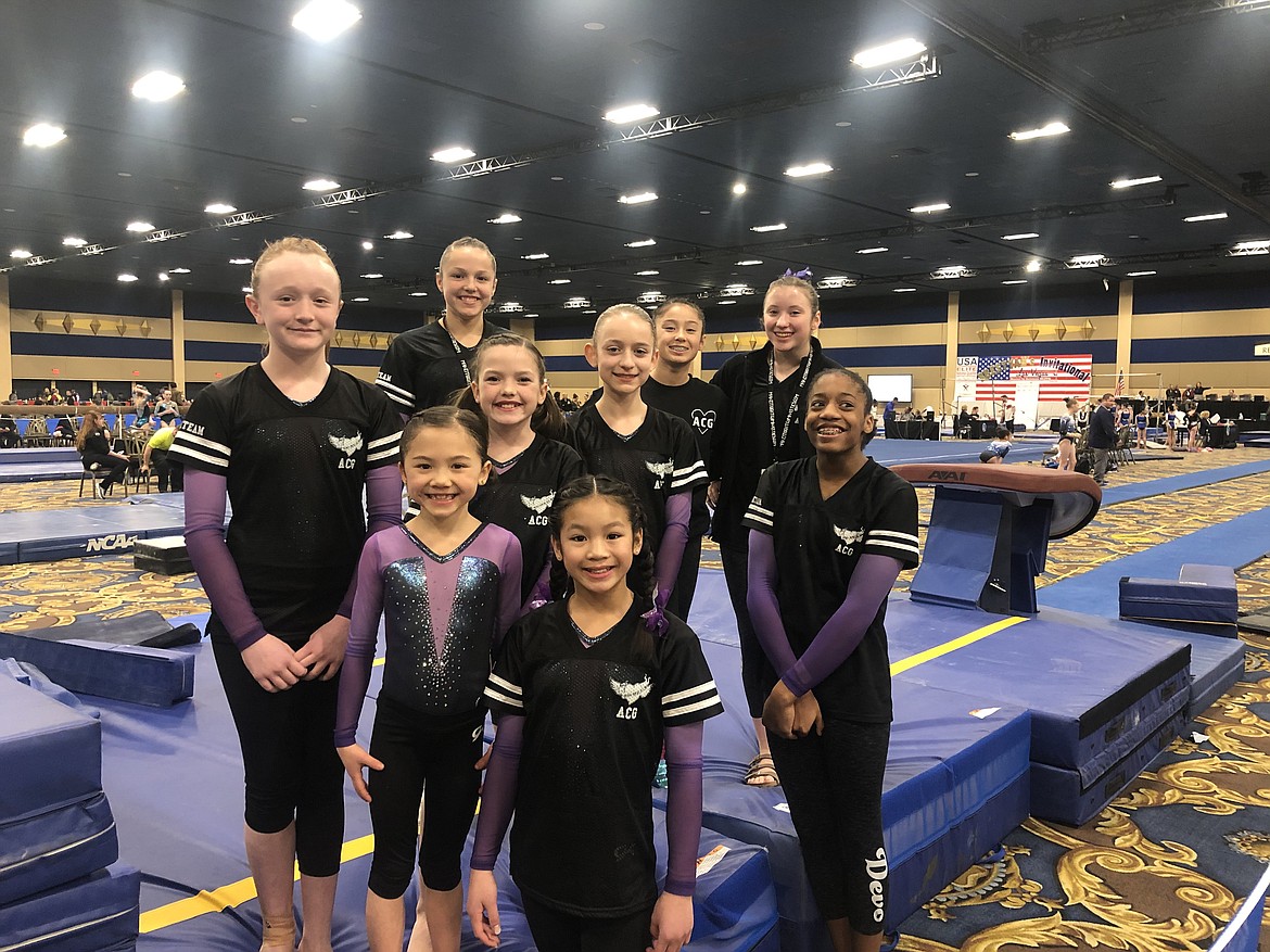 Courtesy photo
Avant Coeur Gymnastics Level 6s and 9s competing together at the Brestyan&#146;s Las Vegas Invitational. In the front row from left are Vivi Crain and Jeralyn Thong; second row from left, Mady Riley, Ashlyn Beecher, Kayce George and CC Bullock; and back row from left, Madalyn McCormick, Maiya Terry and Sam Snow.