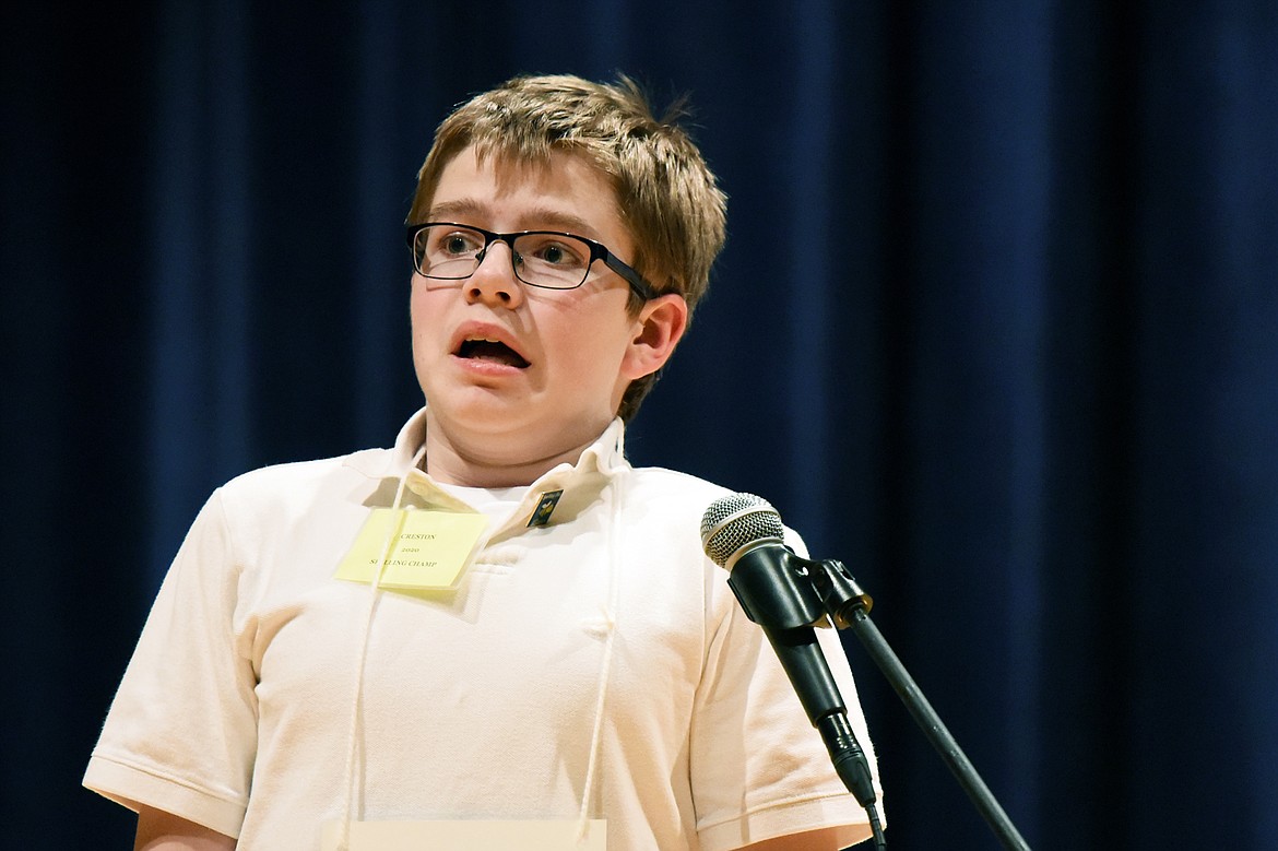 Alucard Armes, from Creston Elementary School, reacts after hearing his word &#147;caravan&#148; during the 2020 Flathead County Spelling Bee at Glacier High School on Thursday. (Casey Kreider/Daily Inter Lake)