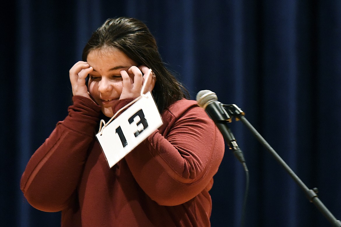 Madisen Eaton, from Glacier Gateway Elementary School, reacts after incorrectly spelling &#147;porridge&#148; at the 2020 Flathead County Spelling Bee.