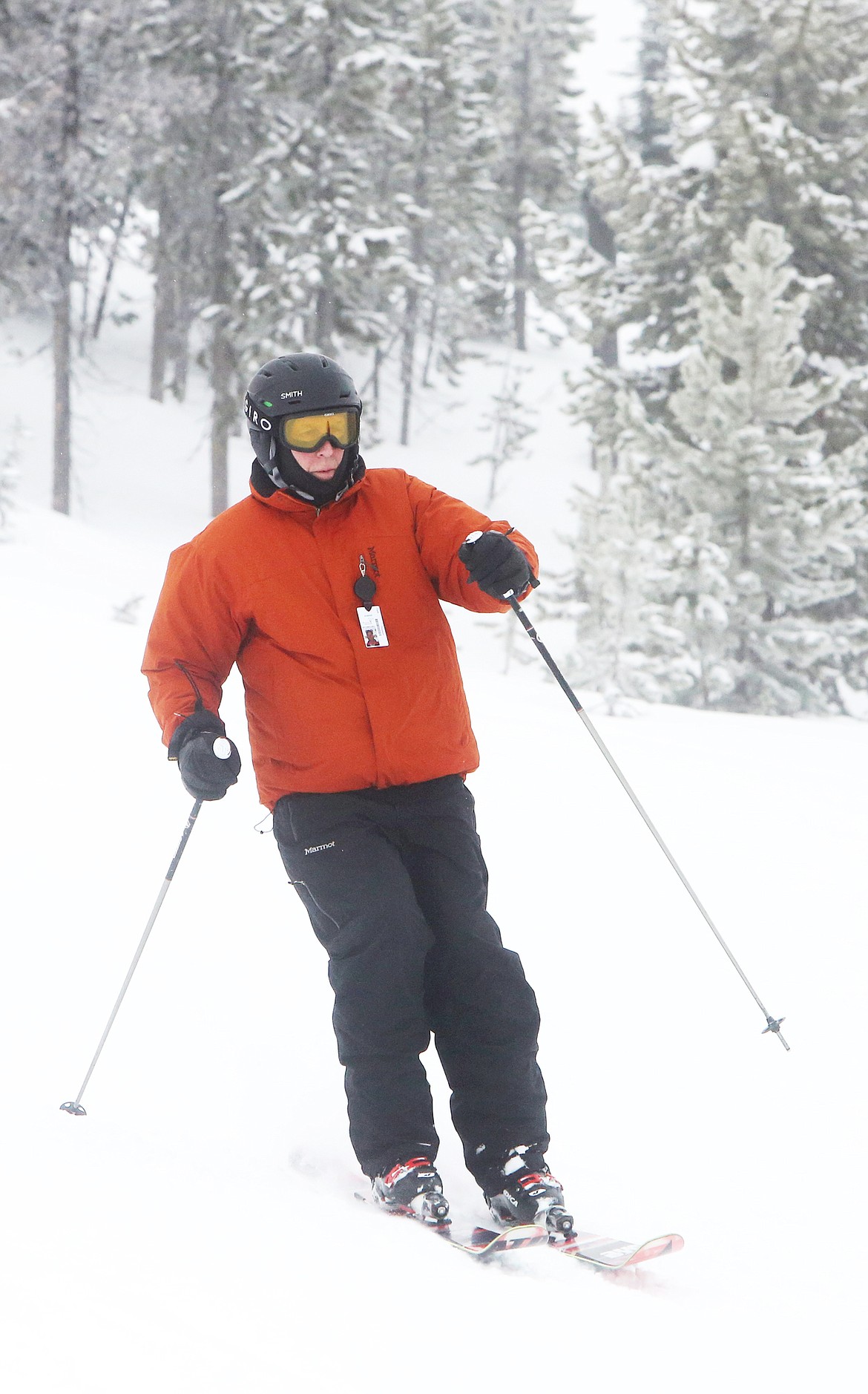 Jack Thomson whips down Emmons Ridge on Wednesday afternoon at Blacktail Mountain. Thomson is one of about a dozen senior skiers that meet regularly three days a week at Blacktail. (Mackenzie Reiss/Daily Inter Lake)