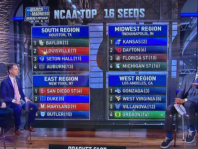 This screen grab from CBS shows the top 16 seeds of the NCAA Tournament committee&#146;s initial rankings, which were released on Saturday.