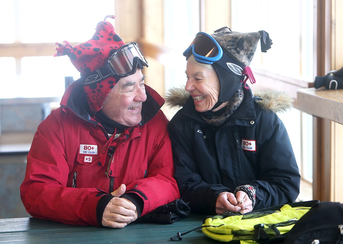 Phil Catalfomo, 88, and Madeline Catalfomo, 84, are pictured during their lunchbreak on Blacktail Mountain. The Catalfomos have been skiing together for years, often standing out in the lodge for their distinguishing fleece hats, handmade by Madeline.