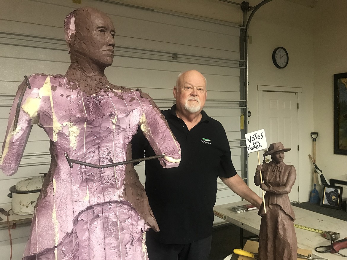 Photo by NINA CULVER
Well-known artist Terry Lee stands next to his latest work-in-progress, a suffragette, to be donated to the city of Coeur d&#146;Alene (sponsors are needed for costs &#151; bronze is expensive). Some suffragettes sacrificed their lives to gain women the right to vote in 1920.