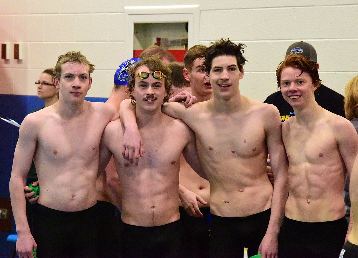 The Whitefish Bulldog boys 400 free relay team of Nick Starring, Preston Ring, Logan Botner and Kelvin Dicks won the state championship at the All-Class State Tournament in Great Falls. (Photo courtesy Corey Botner)