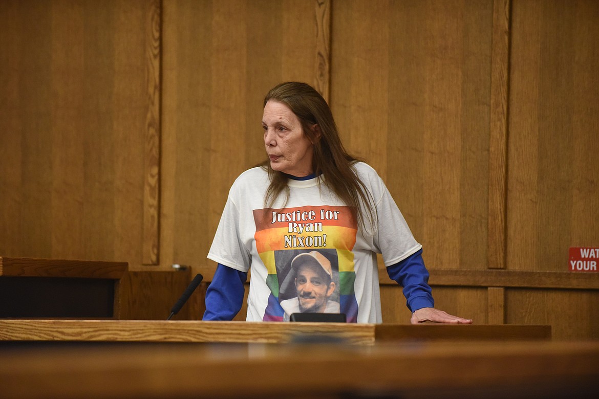 Lynn Nixon, the mother of murder victim Ryan Nixon, prepares to speak Wednesday at the sentencing of Ryan Cody Lamb in Flathead District Court. Lamb received a 10-year sentence to the Montana State Prison. Lamb entered an Alford plea in December 2019 to stabbing Nixon to death in August 2018. (Scott Shindledecker/Daily Inter Lake)