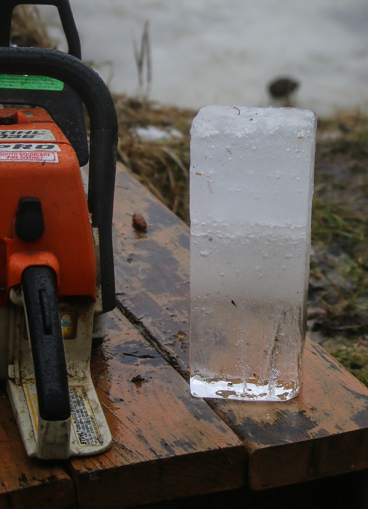 Photo by MANDI BATEMAN 
A chunck of ice cut from Blue Lake shows the depth and structure of the ice,