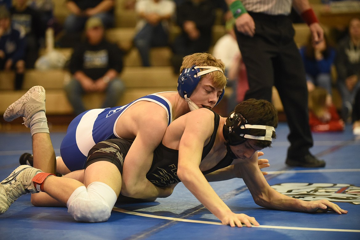 Thompson Falls 120-pounder Trae Thilmony has Florence&#146;s Oliver Post under control during their finals match Saturday at the Western Class B-C Divisional tournament in St. Ignatius. Thilmony won with a pin and advanced to this weekend&#146;s state tournament in Billings. (Scott Shindledecker/Valley Press)