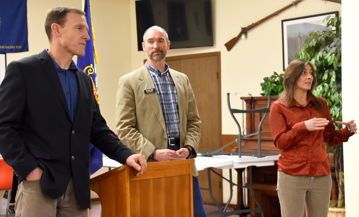 Idaho Sen. Jim Woodward, R-Sandpoint; Rep. Sage Dixon, R-Ponderay; and Rep. Heather Scott, R-Blanchard; talk to constituents at Saturday&#146;s legislative town hall.

(Photo by KATHY HUBBARD)