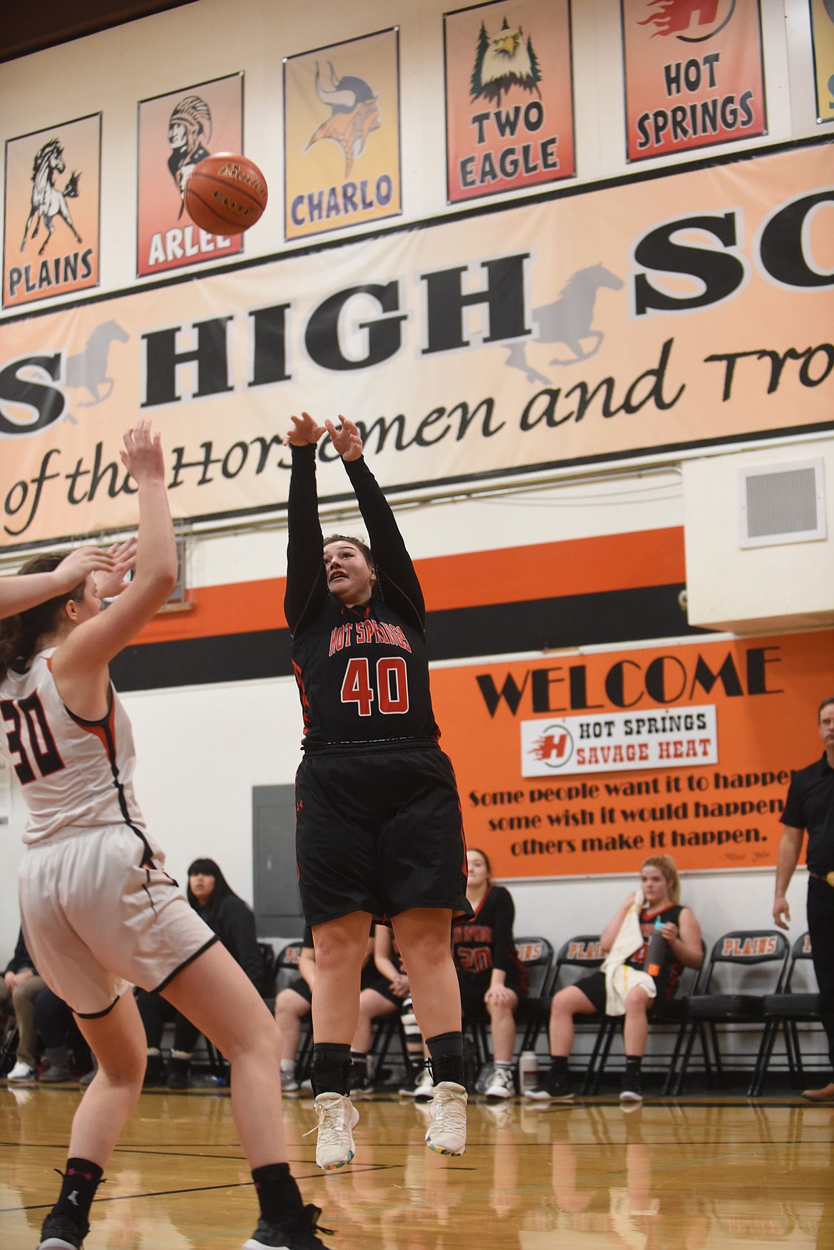 Hot Springs junior Lizzy Fisher takes a shot against Plains during their Feb. 6 game. Fisher scored 13 points to helo the Lady Savage Heat to a win. (Scott Shindledecke/Valley Press)