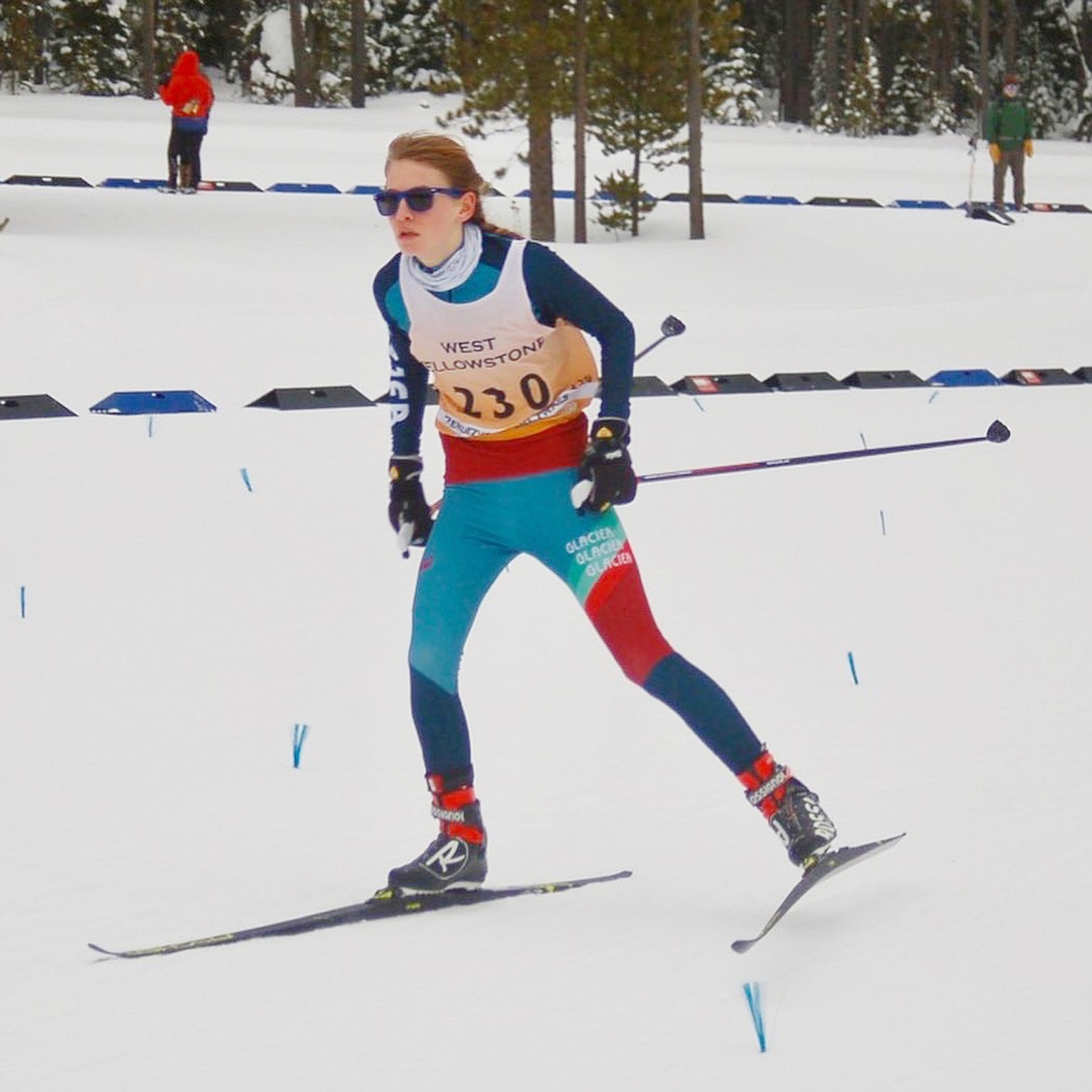 Glacier Nordic Ski Team athlete Maeve Ingelfinger races last weekend in West Yellowstone. (Photo courtesy GNST)