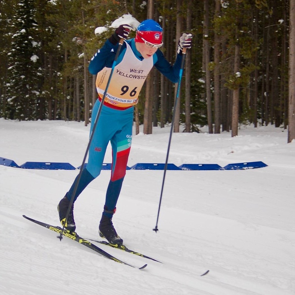 Glacier Nordic Ski Team athlete Nate Ingelfinger races last weekend in West Yellowstone. (Photo courtesy GNSKT)