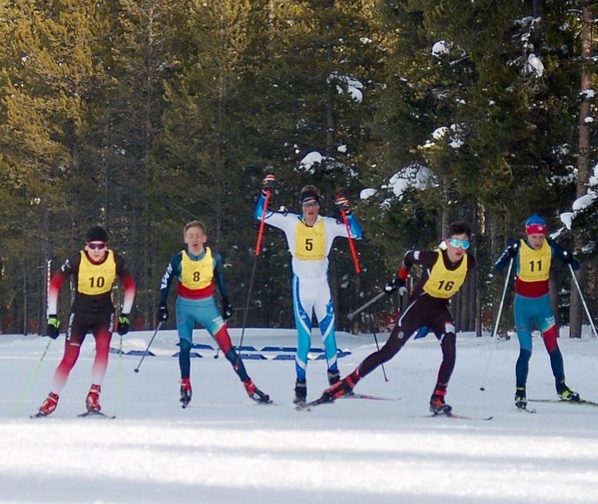 Glacier Nordic Ski Team athletes Ruedi Steiner (third from left) and Jacob Henson (far right) at the start of the sprint heat last weekend in West Yellowstone. (Photo courtesy GNST)