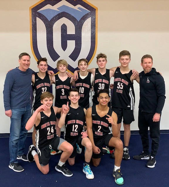 Courtesy photo
The North Idaho Elite eighth-grade boys basketball team went 6-0 and took first place at the AAU Tournament of Hoops last weekend in Walla Walla, Wash. In the front row from left are Logan Orchard, Gavin Trost and Camden Gipson; and back row from left, coach Keith Orchard, Joseph Hagel, Trey Nipp, Gunner Larson, Max Entzi, Aaron Ivankovich and coach Ryan Nipp.