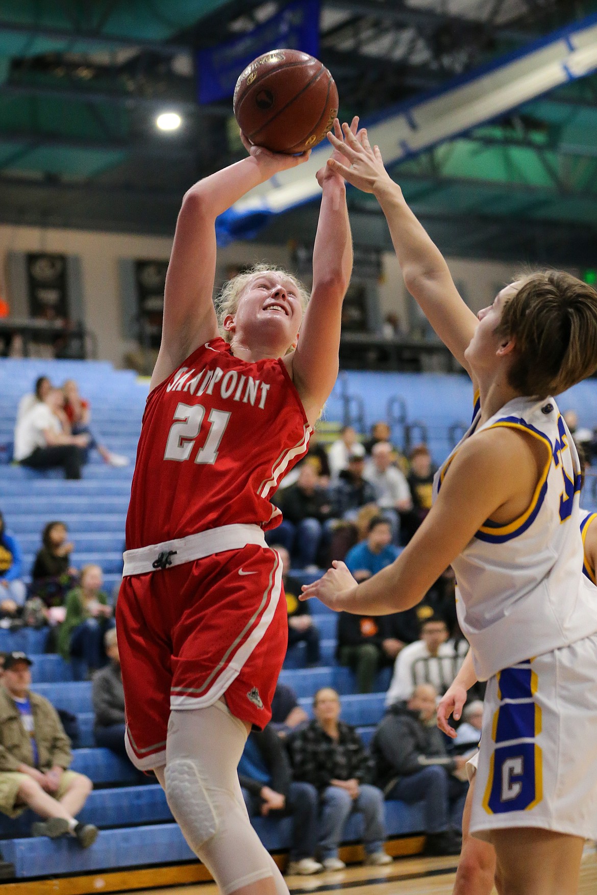 Photo by JASON DUCHOW PHOTOGRAPHY
Hattie Larson of Sandpoint shoots against Caldwell on Saturday during the state 4A girls third-place game at Timberline High in Boise.