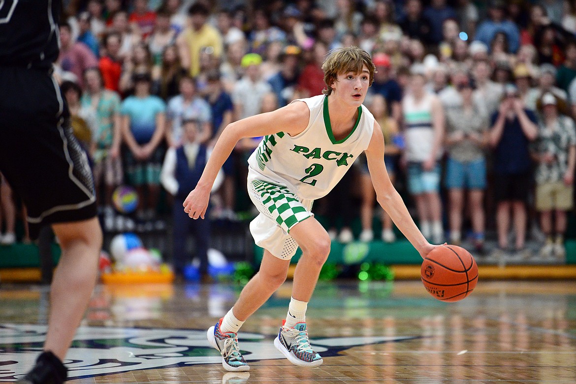 Glacier's Keifer Spohnhauer (2) brings the ball upcourt against Flathead during a crosstown matchup at Glacier High School on Friday. (Casey Kreider/Daily Inter Lake)