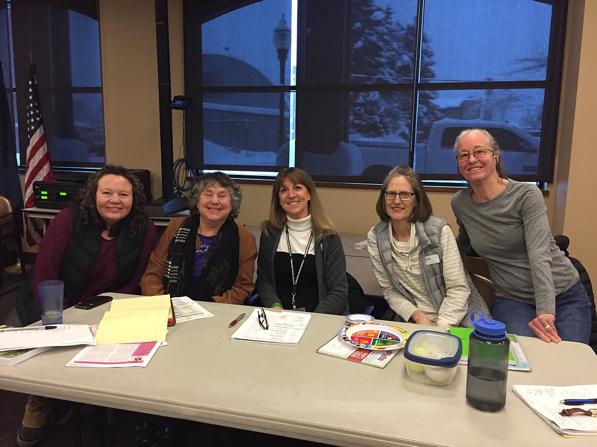 (Courtesy photo)
Panelists at a recent Geezer Forum on health and nutrition for a photo. Issues discussed included Bonner Community Food Bank services such as hunger relief efforts and its community garden, diabetes prevention services addressed by the Bonner County Coalition for Health, cooking and eating healthy food through Eat Smart Idaho, meals provided through SASi (Sandpoint Area Seniors, Inc.), new community gardens springing up in our area, and  Food For Our Children programs targeting childhood hunger. Pictured from left are Debbie Love, Bonner Community Food Bank; Ellen Weissman, fommer Sandpoint Area Seniors, Inc. director; Nanci Jenkins, Panhandle Health District, Bonner County Coalition for Health; Kat Anderson, Eat Smart Idaho; and Michele Murphree, Food For Our Children, Community Gardens.