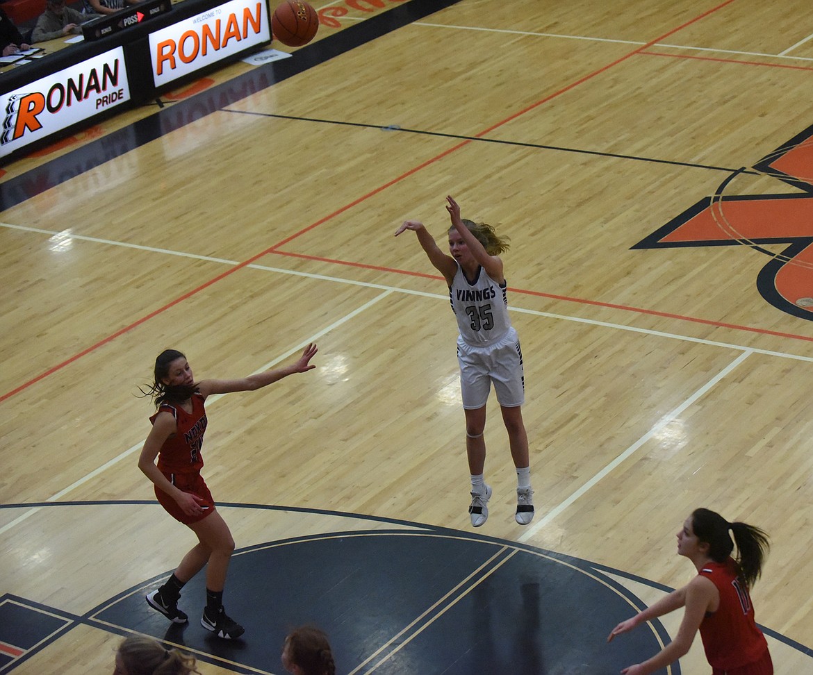 Charlo's Carlee Fryberger launches a shot during the 14-C District tournament last week in Ronan. The Lady Vikings won the tourney and will play in Frenchtown this weekend. (Scott Shindledecker/Lake County Leader)