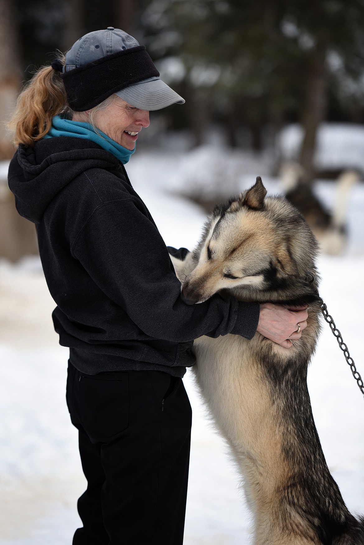 Sara Parr is greeted by Crockett, one the 26 sled dogs owned by Parr and her husband, Butch.