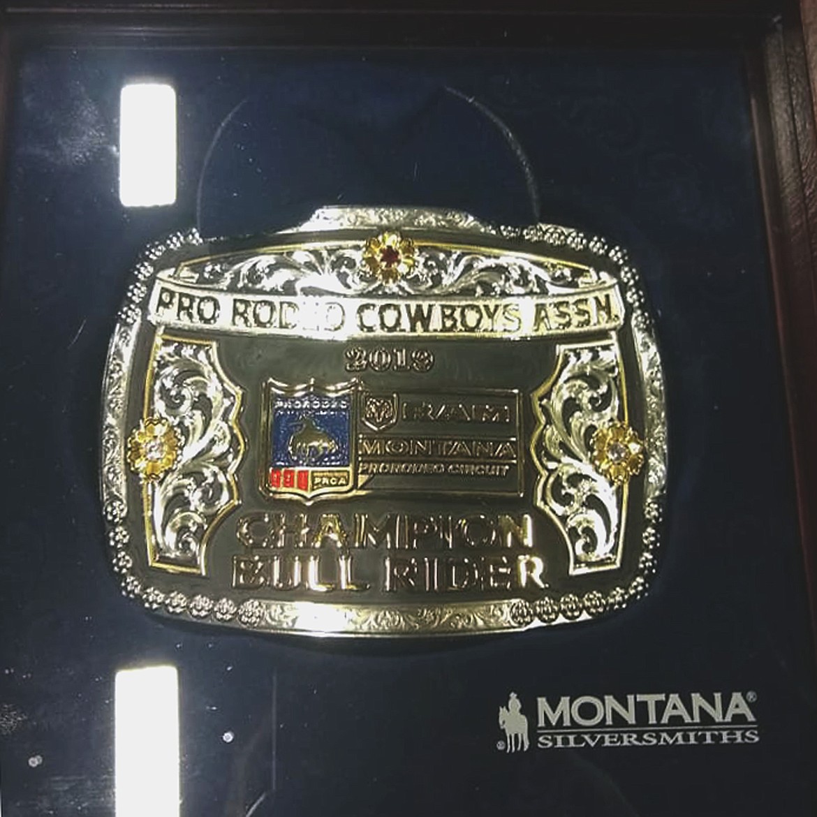 Payton Fitzpatrick's 2019 PRCA Championship Buckle. He received this award after claiming the bull riding year-end title in the Montana pro rodeo circuit. (Photo courtesy of Elisha Fitzpatrick)