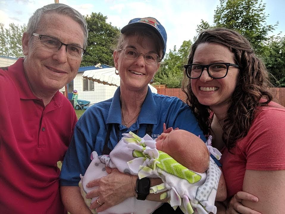 David W. King, Marcia Richwine Moen and Jessica King with King's newborn daughter Claire in July 2019. (Courtesy of David W. King)