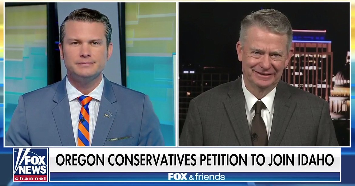 Idaho Governor Brad Little (right) fields questions from Fox and Friends host Brian Kilmeade about a movement to incorporate three-quarters of Oregon within Idaho&#146;s borders, creating a new state tentatively named Greater Idaho. (Image courtesy of Fox News)