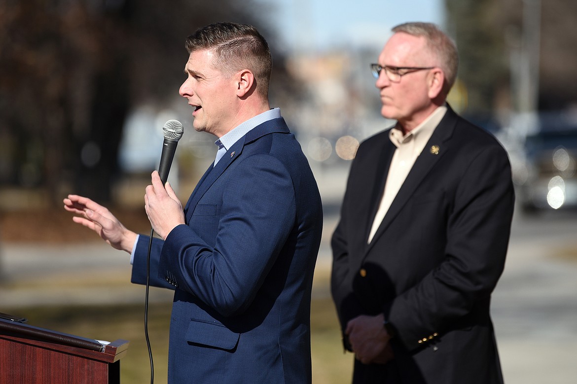 Republican lieutenant governor candidate Jon Knokey speaks during a press conference with Republican gubernatorial candidate Tim Fox to unveil the pair's public safety policy plan at the Flathead County Courthouse in Kalispell on Thursday. (Casey Kreider/Daily Inter Lake)