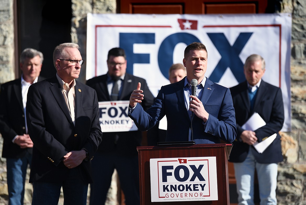 Republican lieutenant governor candidate Jon Knokey speaks during a press conference with Republican gubernatorial candidate Tim Fox to unveil the pair's public safety policy plan at the Flathead County Courthouse in Kalispell on Thursday. (Casey Kreider/Daily Inter Lake)