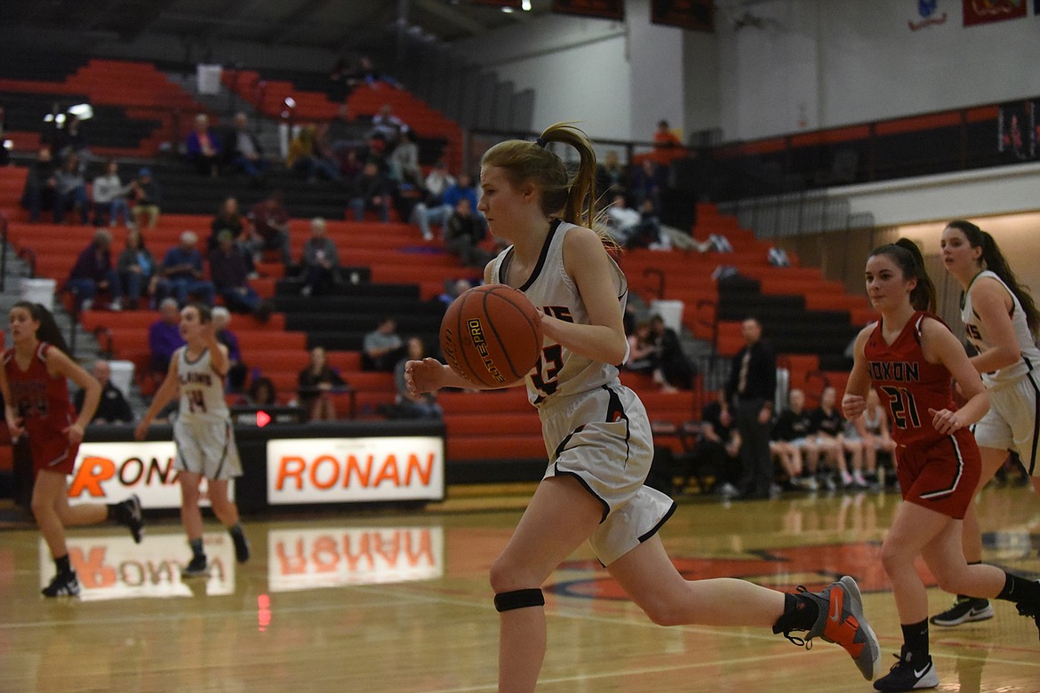 Plains freshman Kimmy Curry heads upcourt during Saturday's game against Noxon in the 14-C tournament. (Scott Shindledecker/Valley Press)