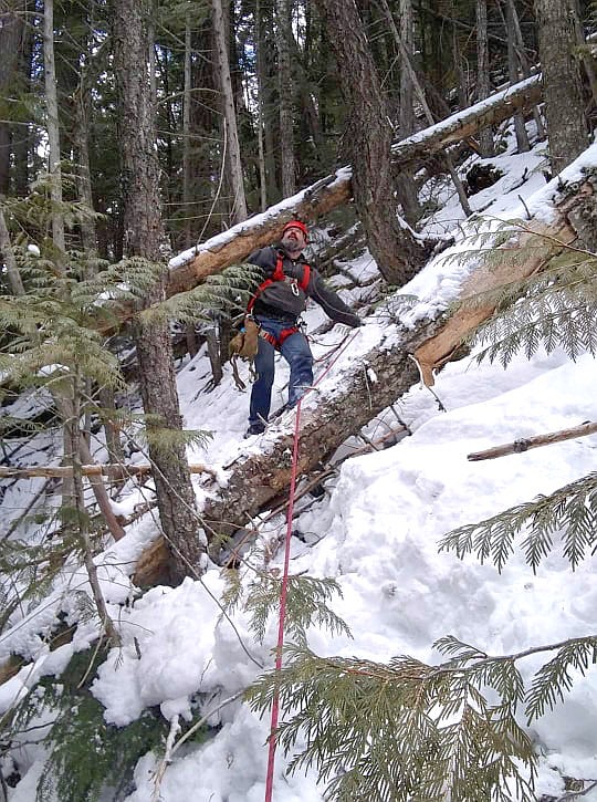 Photo by GARRY WRIGHT 
Hall Mountain Firefighter, Allen Gemmrig, surveys the difficult and steep terrain that they had to negotiate to rescue Pedro the dog.