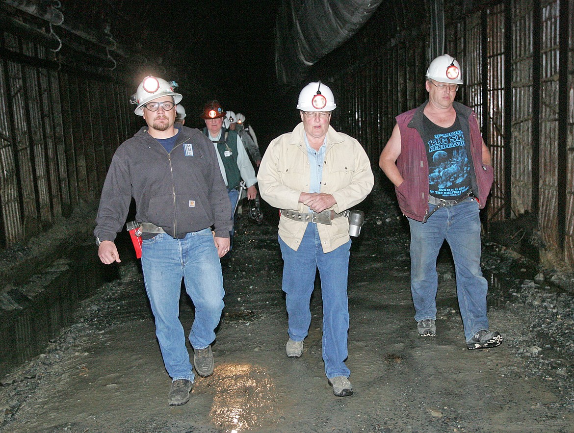 Montanore&#146;s Denver Winslow, left, leading a tour of the Montanore mine adit in June 2011. (Paul Sievers/The Western News)