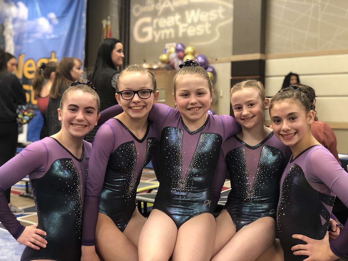 Courtesy photo
Avant Coeur Gymnastics Level 7s at the Great West Gym Fest at The Coeur d&#146;Alene Resort, taking 4th Place Team. From left are McKell Chatfield, Eden Lamburth, Monika Gonzales, Sara Rogers and Jazzy Quagliana.