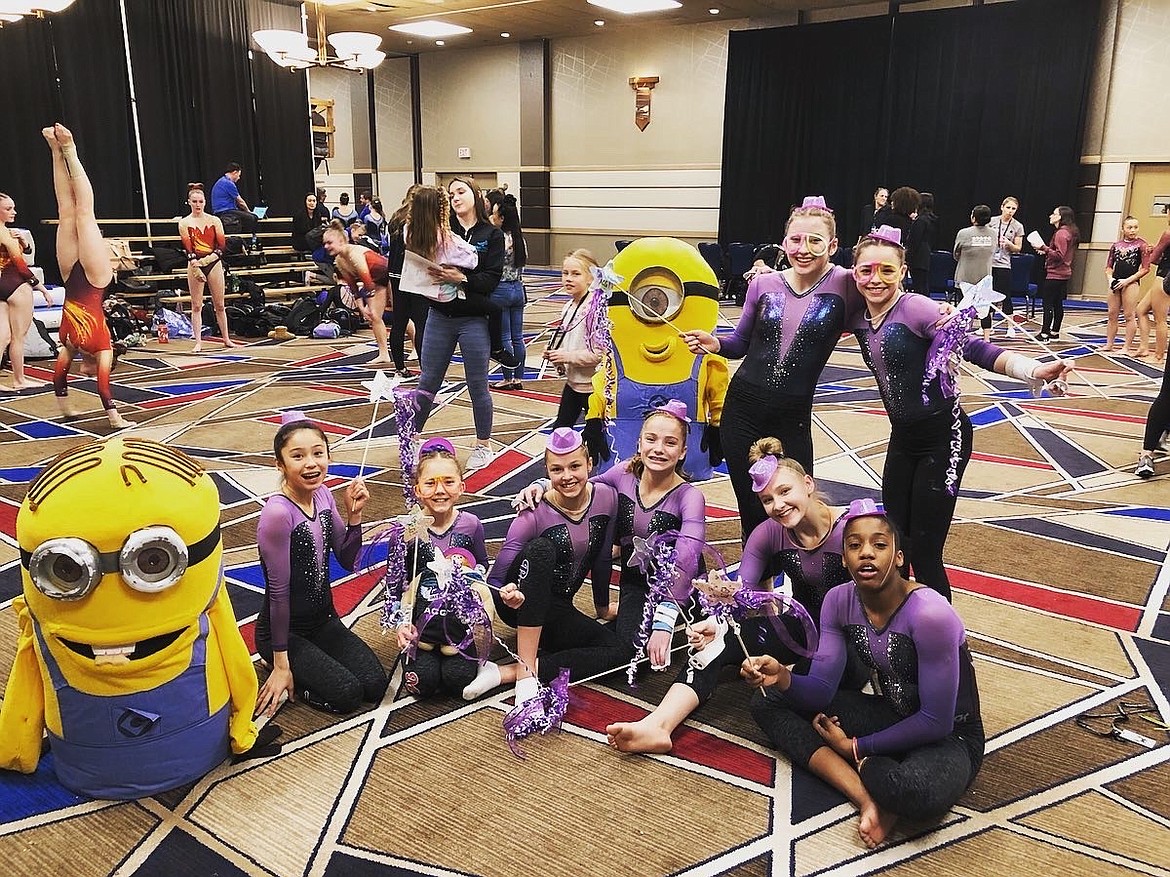 Courtesy photo
Avant Coeur Gymnastics Level 8 and 9s competing at Great West Gym Fest at The Coeur d&#146;Alene Resort on Feb. 21. In the front row from left are Maiya Terry, Lavi Crain, Madalyn McCormick, Lily Call, Maddy Edwards and CC Bullock; and back row from left, Sam Snow and Danica McCormick.