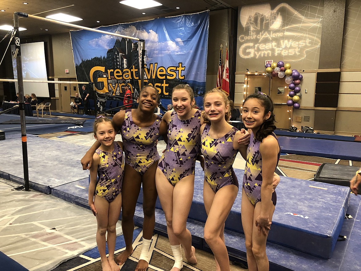 Avant Coeur Gymnastics Level 8s and 9s representing at the Big Show Finals on Saturday night, Feb. 22 at the Great West Gym Fest at The Coeur d&#146;Alene Resort. From left are Lavi Crain, CC Bullock, Sam Snow, Lily Call and Maiya Terry.

Courtesy photo