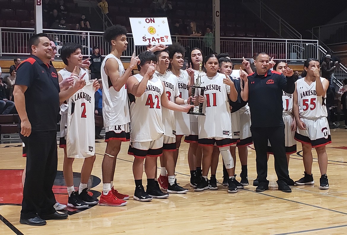 Photo courtesy Lakeside High
Tyler Ambro&#146;s No. 2 jersey, at left, was displayed by Lakeside players after they won the 1A Division II District 1 boys basketball championship last week.