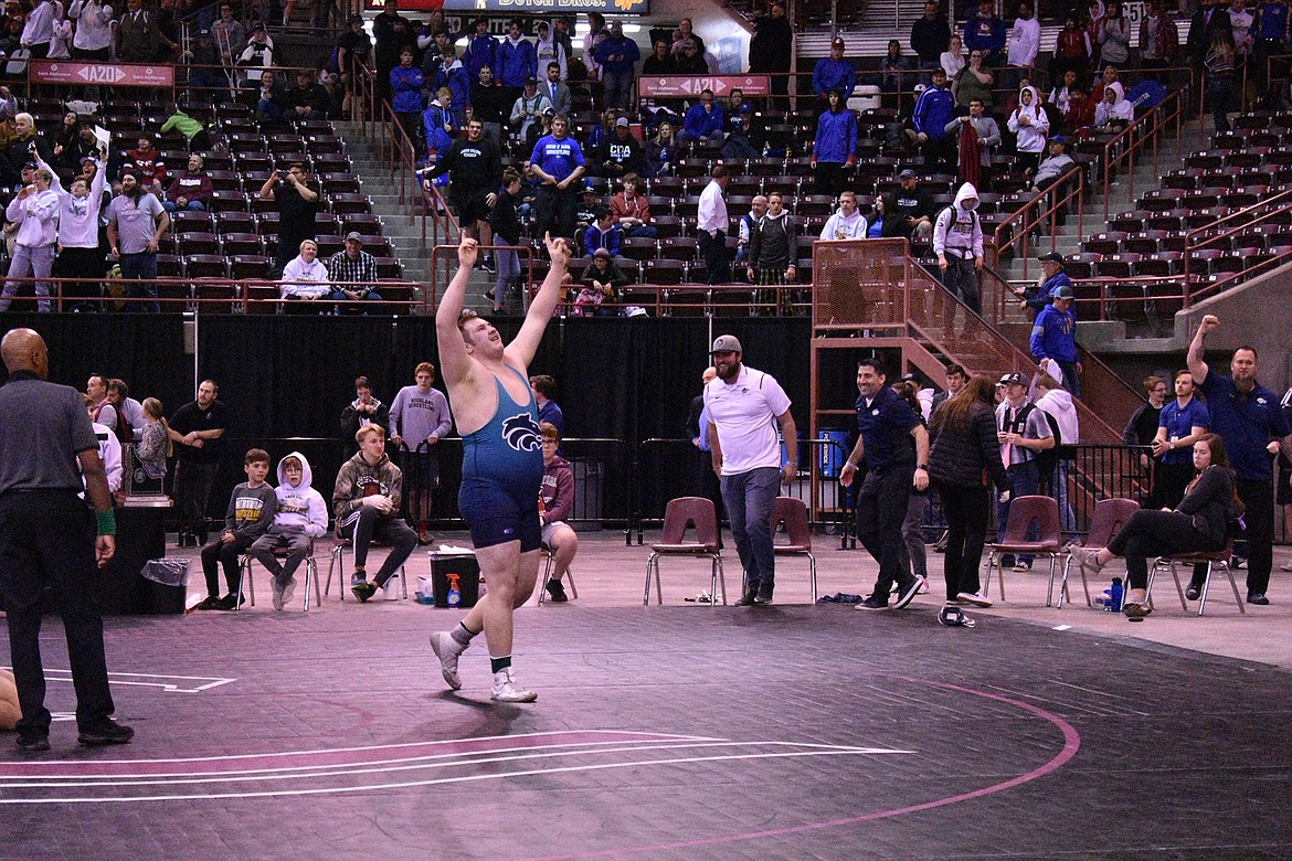 MOLLY MASON/Special to Hagadone News Network
Owen Hughes of Lake City  celebrates after beating Josiah Lara of Skyview 2-1 in the 5A 285-pound championship match Saturday at the Ford Idaho Center in Nampa.