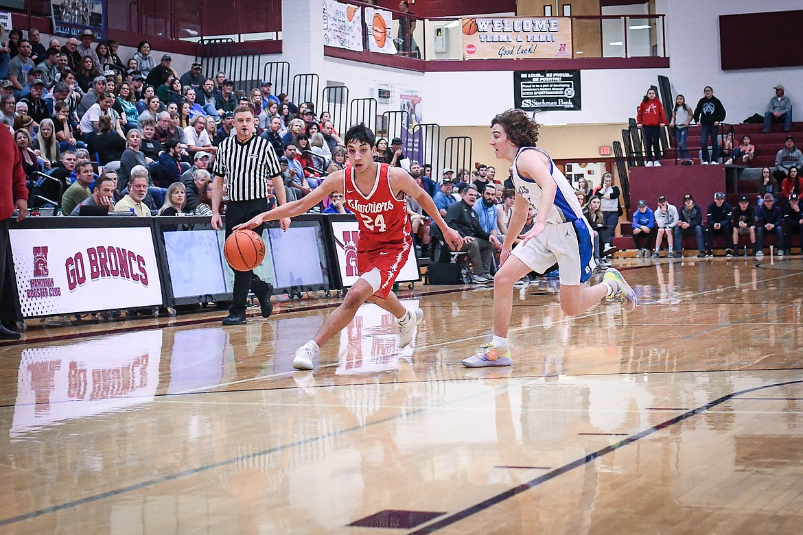 Arlee&#146;s David Haynes drives down the court against Bigfork in the Western B Divisional Tournament last weekend. (Christa Umphrey photo)