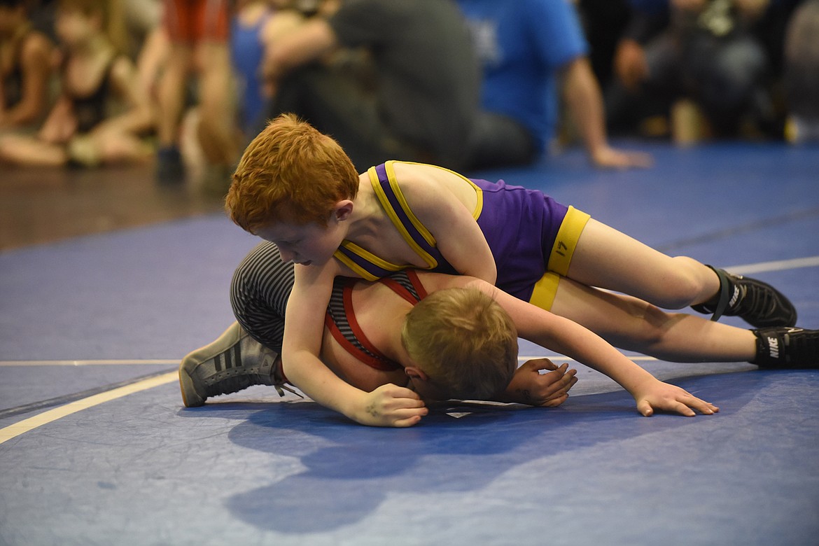 Polson&#146;s Treyden Tryon wrestles at last Saturday&#146;s Little Guy Tournament in St. Ignatius. (Scott Shindledecker/Lake County Leader)