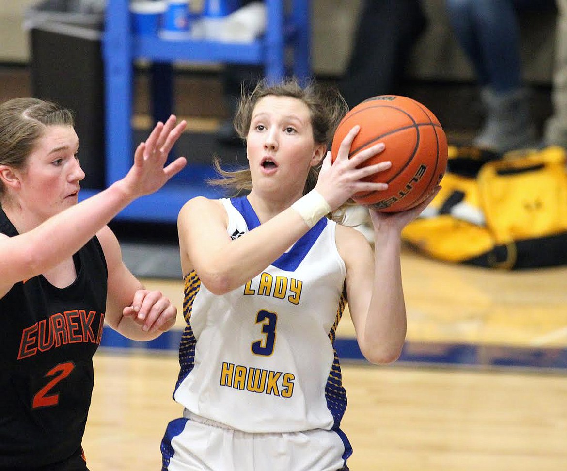 Thompson Falls sophomore Ellie Pardee takes a shot against Eureka&#146;s Megan Hanson in the 7-B tournament. The Lady Hawks were 3-1 in last weekend&#146;s Western B Divisional in Hamilton. (Paul Sievers/The Western News)